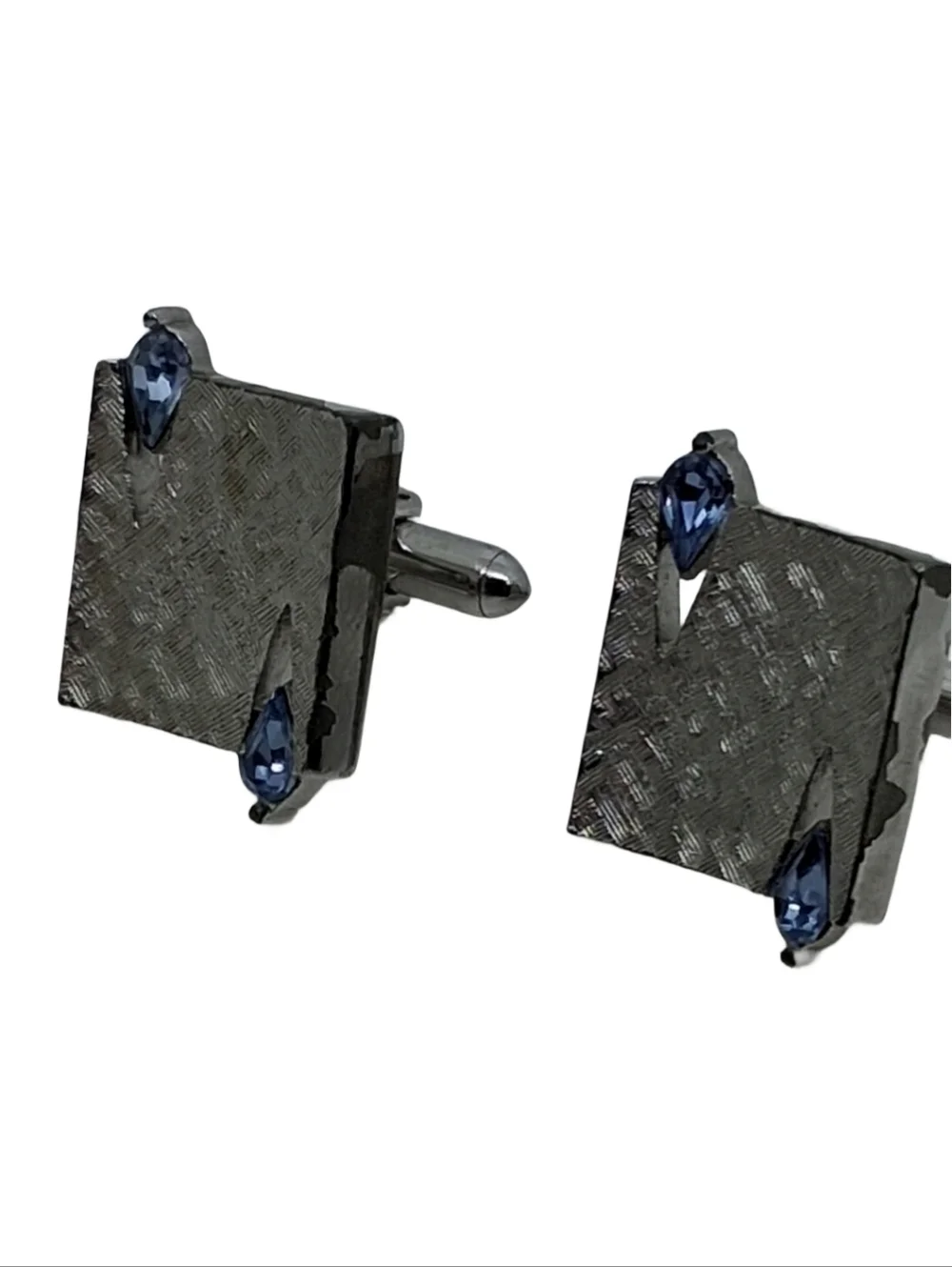 Vintage Swank Chrome Silver Tone Cufflinks Blue Sapphire Rhinestone Modernist
